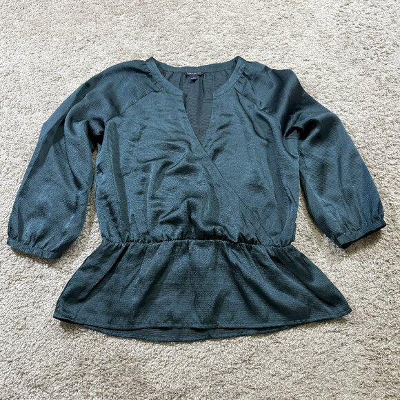 Banana Republic Teal Puff Sleeve V-Neck Ruffle Peplum Blouse Party Cocktail M - Picture 1 of 6
